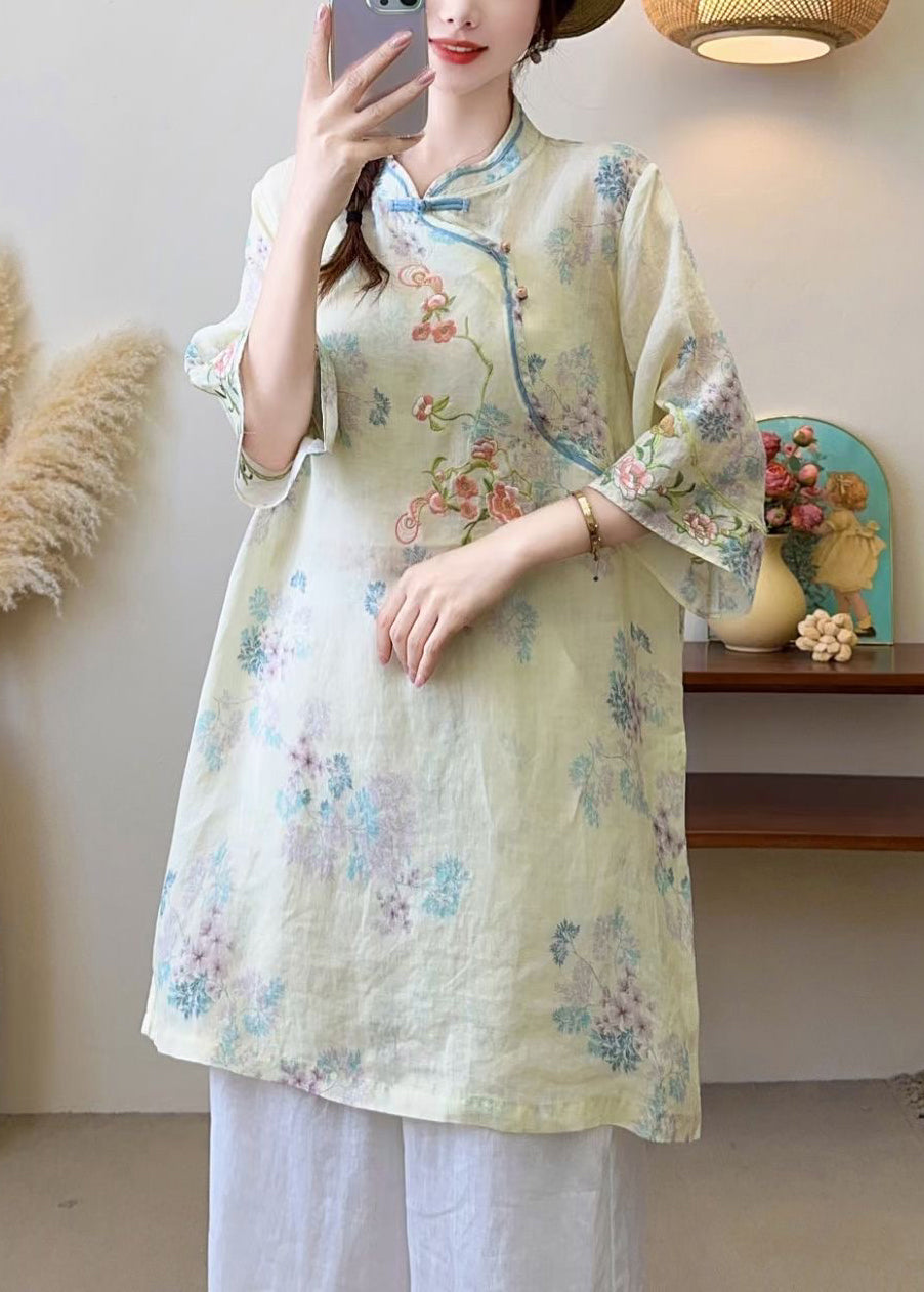 New Blue Embroidered Chinese Button Linen Blouses Half Sleeve Jh016