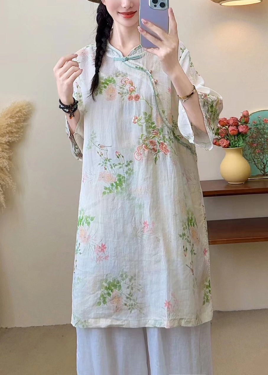 New Blue Embroidered Chinese Button Linen Blouses Half Sleeve Jh016