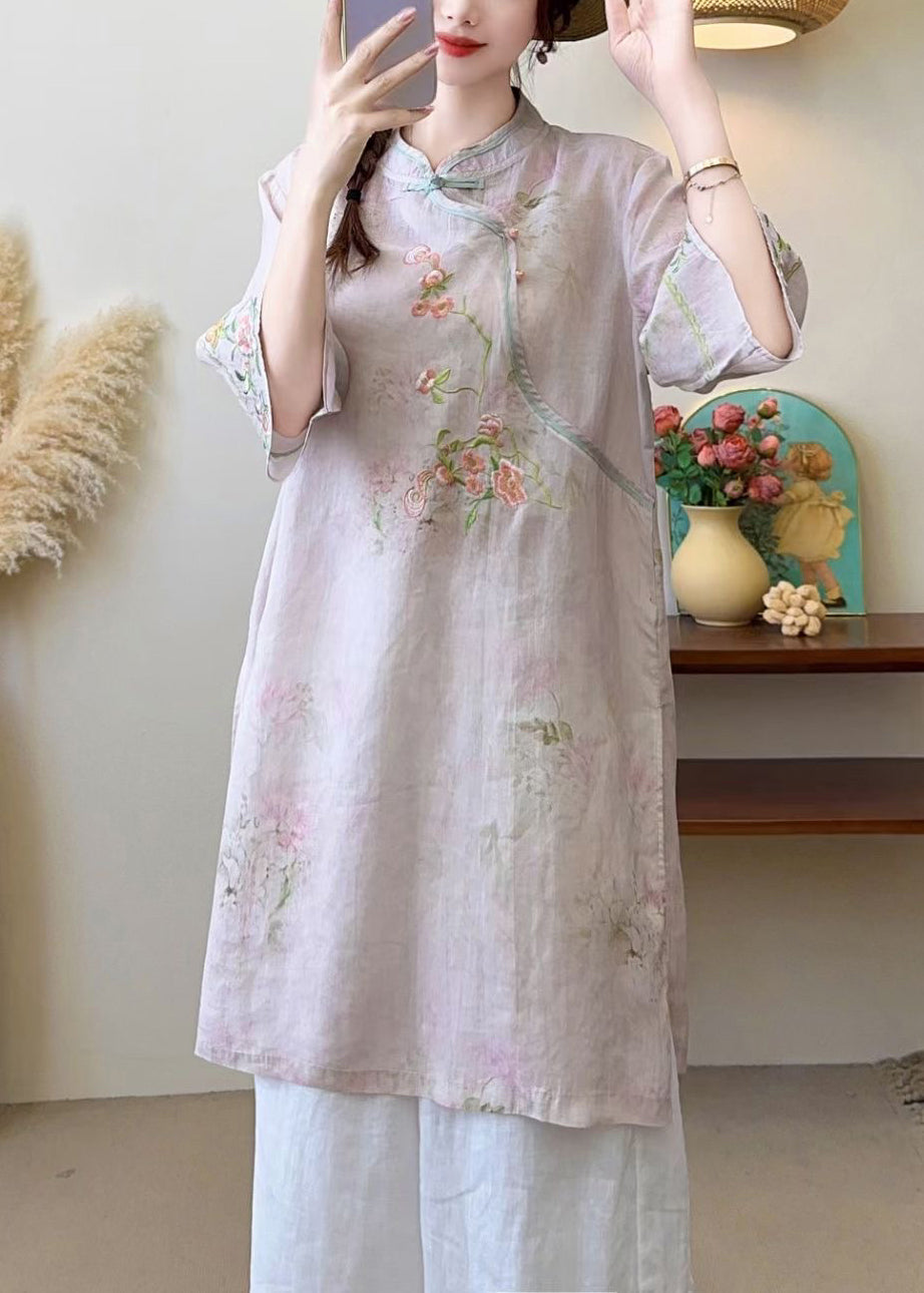 New Blue Embroidered Chinese Button Linen Blouses Half Sleeve Jh016