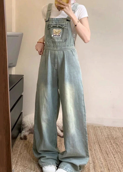 Jumpsuit Blue Pockets Embroidered Sleeveless Denim New