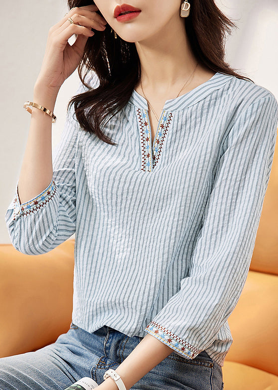 New Blue Embroidered Striped Cotton Blouses Bracelet Sleeve Th024