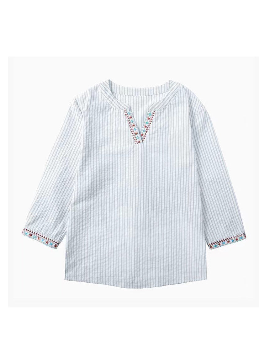 New Blue Embroidered Striped Cotton Blouses Bracelet Sleeve Th024