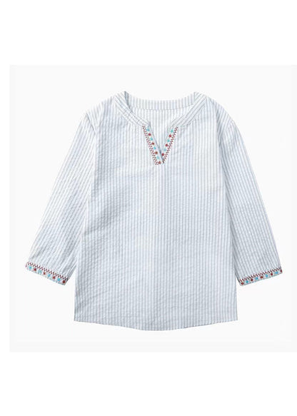 New Blue Embroidered Striped Cotton Blouses Bracelet Sleeve Th024