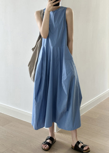 New Blue O-neck Pockets Cotton Long Dresses Sleeveless Qe009