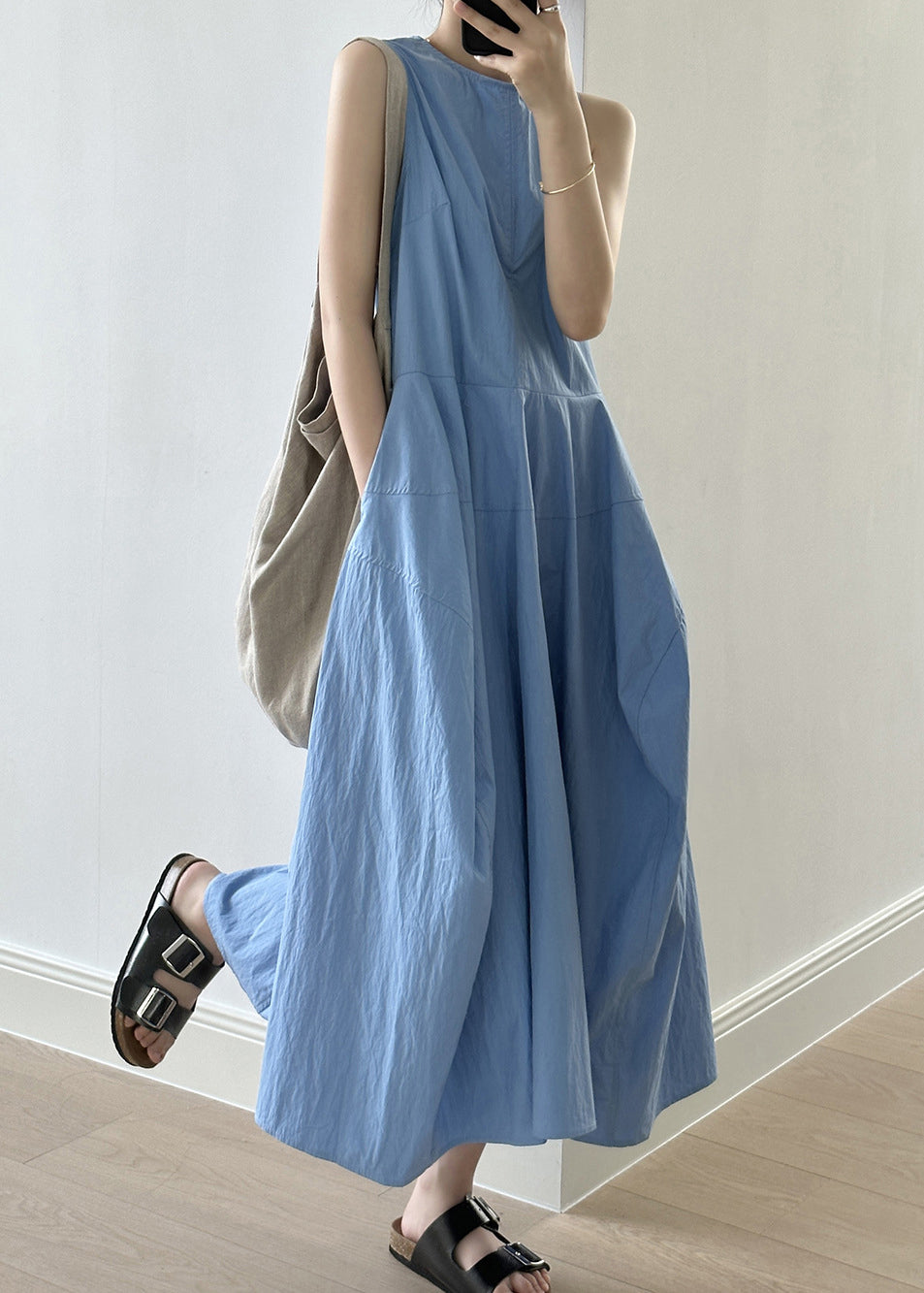 New Blue O-neck Pockets Cotton Long Dresses Sleeveless Qe009