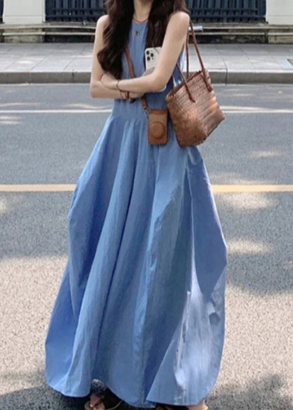 New Blue O Neck Pockets Cotton Long Dress Sleeveless Qf049