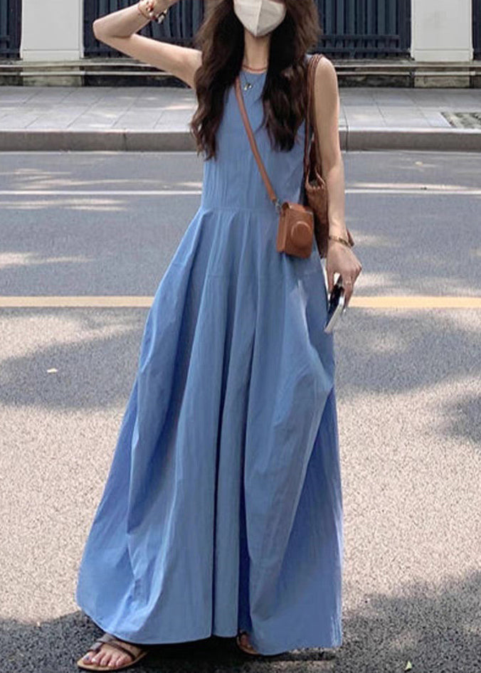 New Blue O Neck Pockets Cotton Long Dress Sleeveless Qf049
