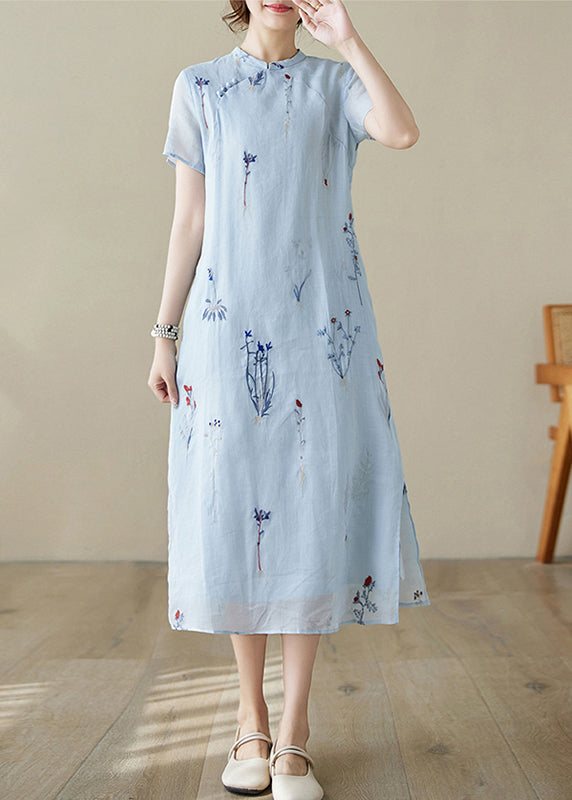New Blue Print Pockets Linen Long Dress Summer Jh066
