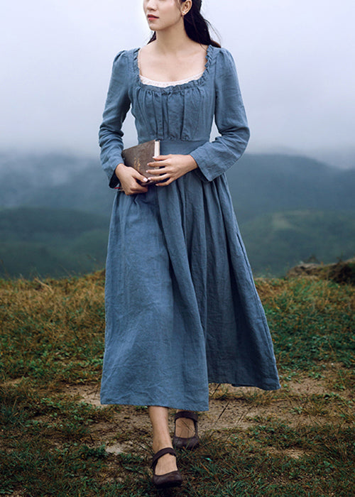 New Blue Square Collar Ruffled Linen Long Dresses Long Sleeve Ah619