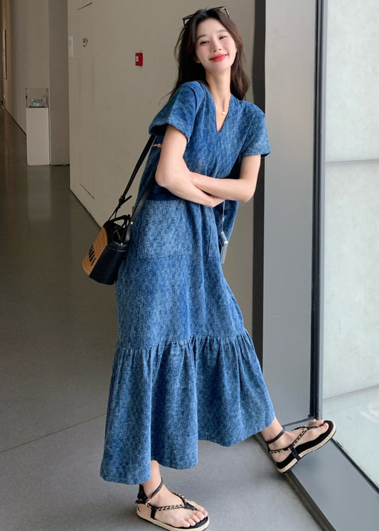New Blue V Neck Pockets Denim Long Dress Summer Mn037