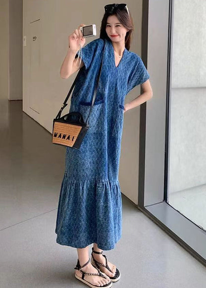 New Blue V Neck Pockets Denim Long Dress Summer Mn037