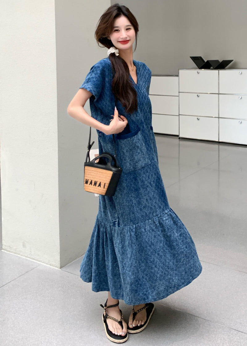 New Blue V Neck Pockets Denim Long Dress Summer Mn037