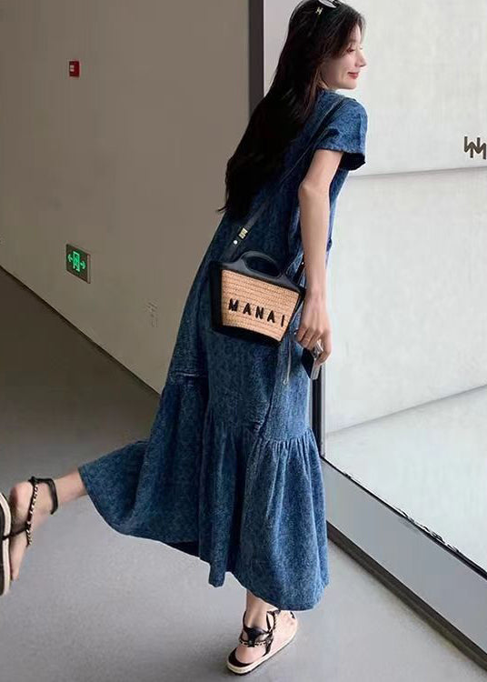 New Blue V Neck Pockets Denim Long Dress Summer Mn037