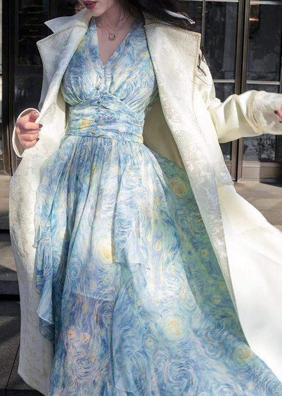 New Blue V Neck Print Chiffon Long Dresses Long Sleeve Aj1039
