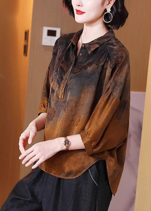 New Brown Peter Pan Collarbutton Silk Blouse Half Sleeve Qv057