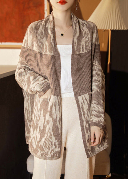 New Camel Pockets Patchwork Wool Knit Cardigan Batwing Sleeve Qa1072