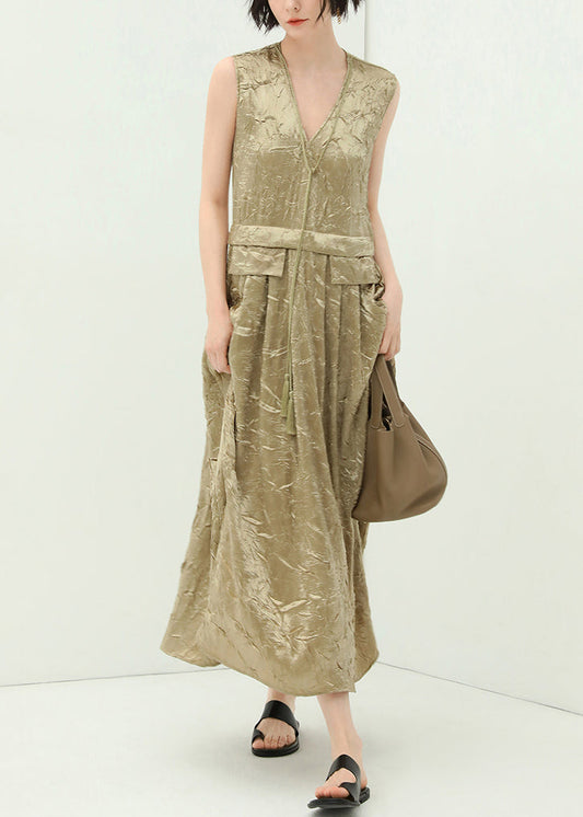 New Champagne V Neck Tasseled Silk Long Dresses Sleeveless Aa1042