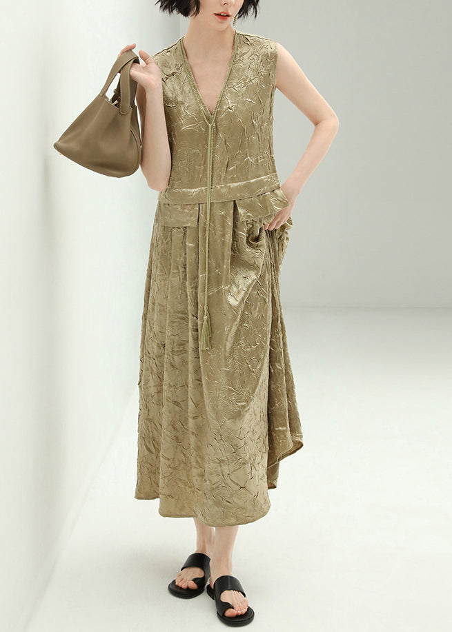 New Champagne V Neck Tasseled Silk Long Dresses Sleeveless Aa1042