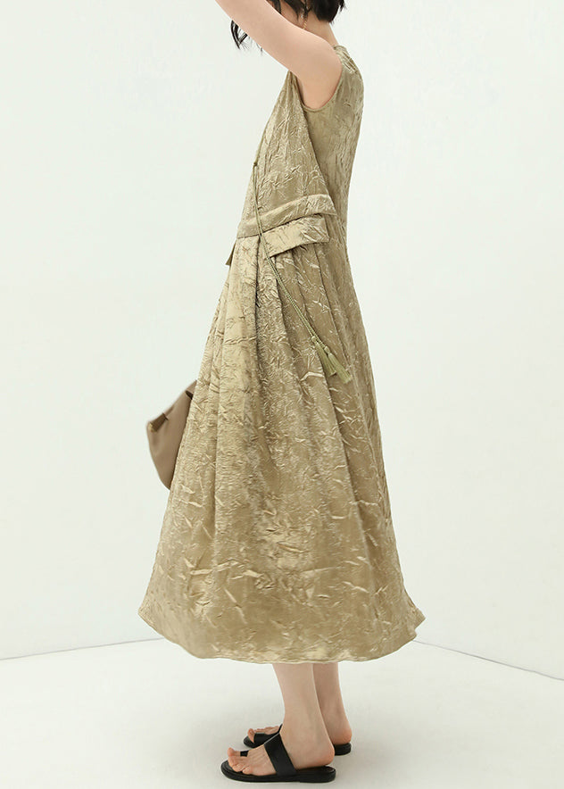 New Champagne V Neck Tasseled Silk Long Dresses Sleeveless Aa1042
