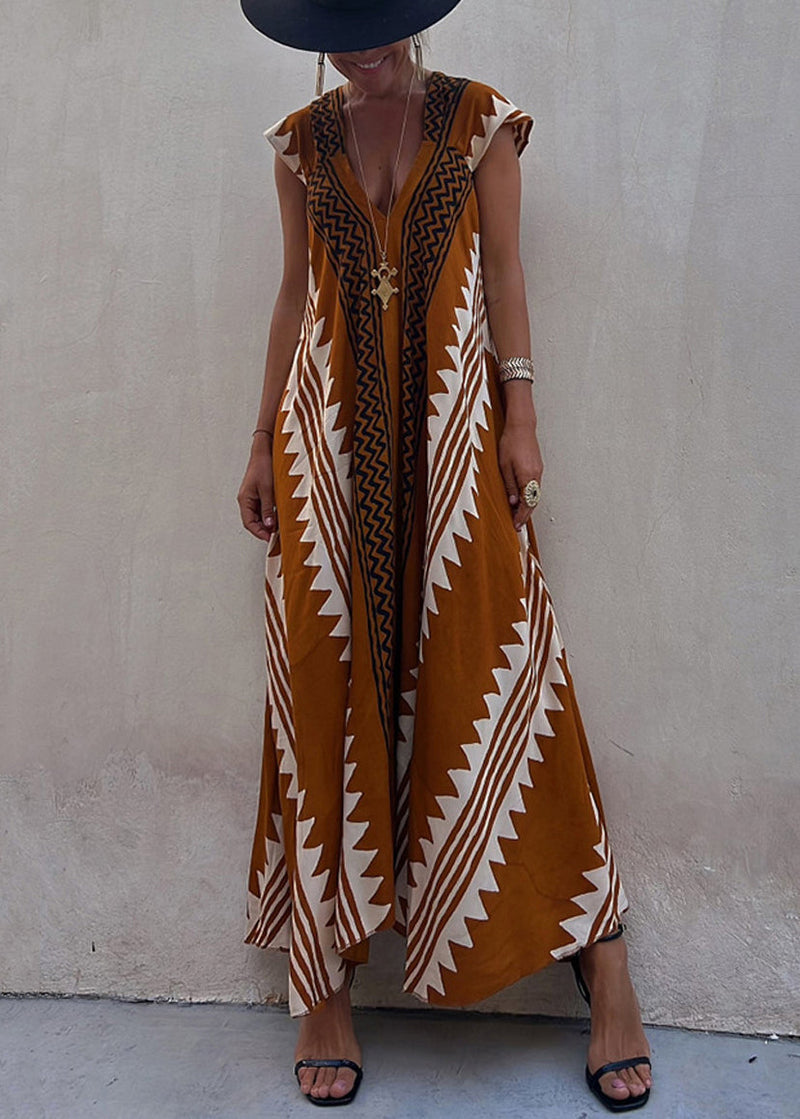 New Coffee Asymmetrical Print Chiffon Long Dresses Summer Tl020