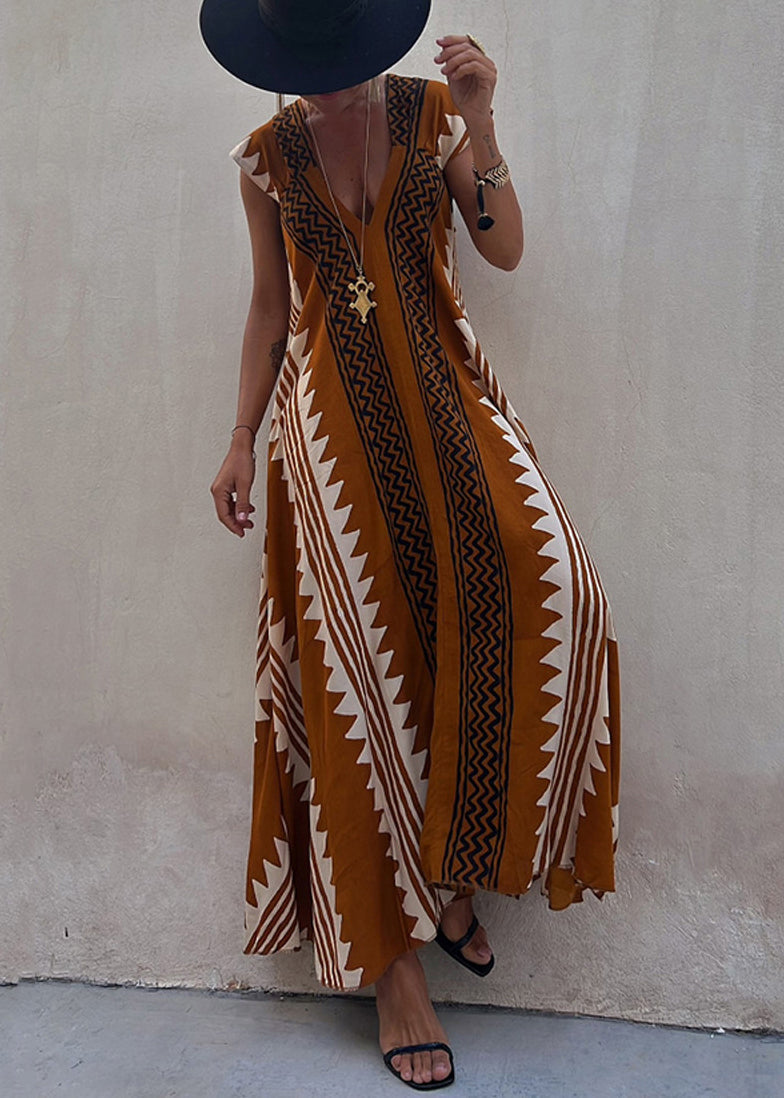 New Coffee Asymmetrical Print Chiffon Long Dresses Summer Tl020