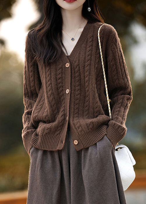 New Coffee V Neck Button Woolen Knit Cardigans Fall Ab1057