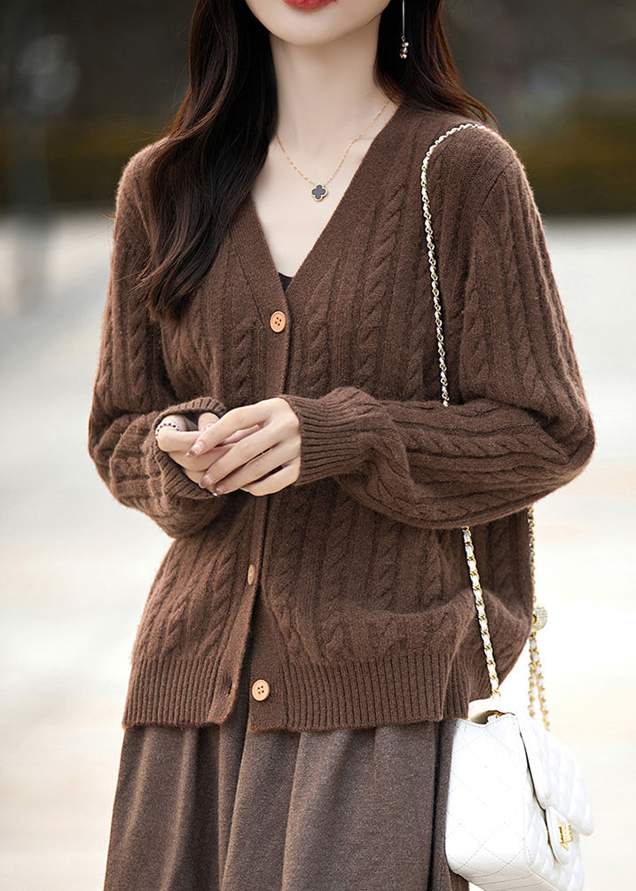 New Coffee V Neck Button Woolen Knit Cardigans Fall Ab1057