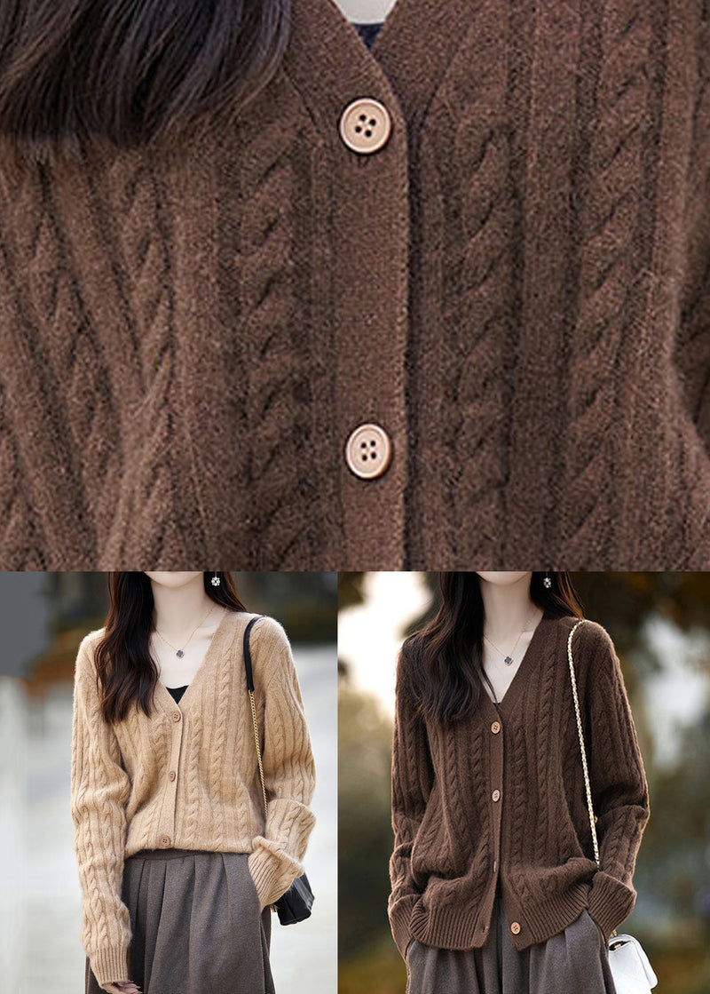 New Coffee V Neck Button Woolen Knit Cardigans Fall Ab1057