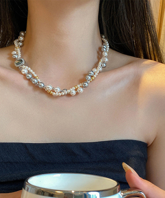 New Colorblock Alloy Zircon Double Layer Pearl Gratuated Bead Necklace Et028