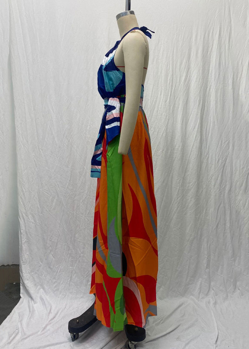 New Colorblock Print Lace Up Backless Cotton Long Dresses Sleeveless Ff102