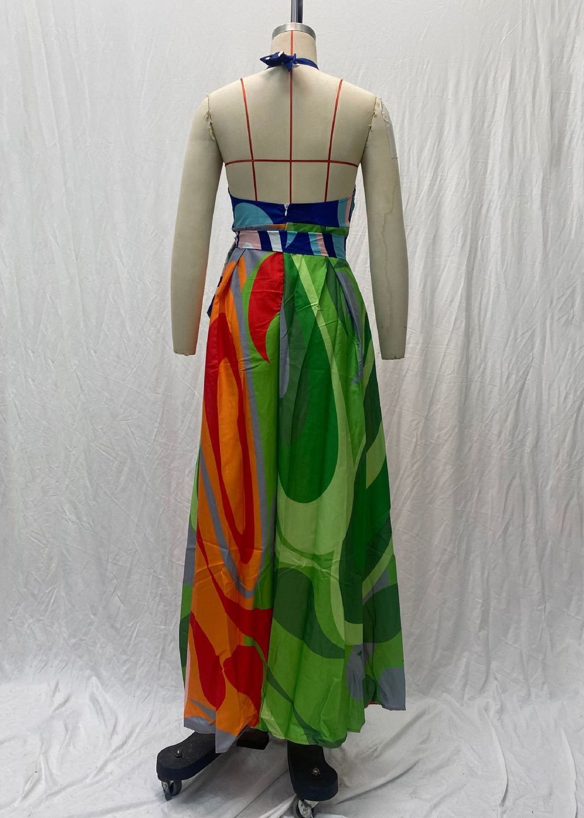 New Colorblock Print Lace Up Backless Cotton Long Dresses Sleeveless Ff102