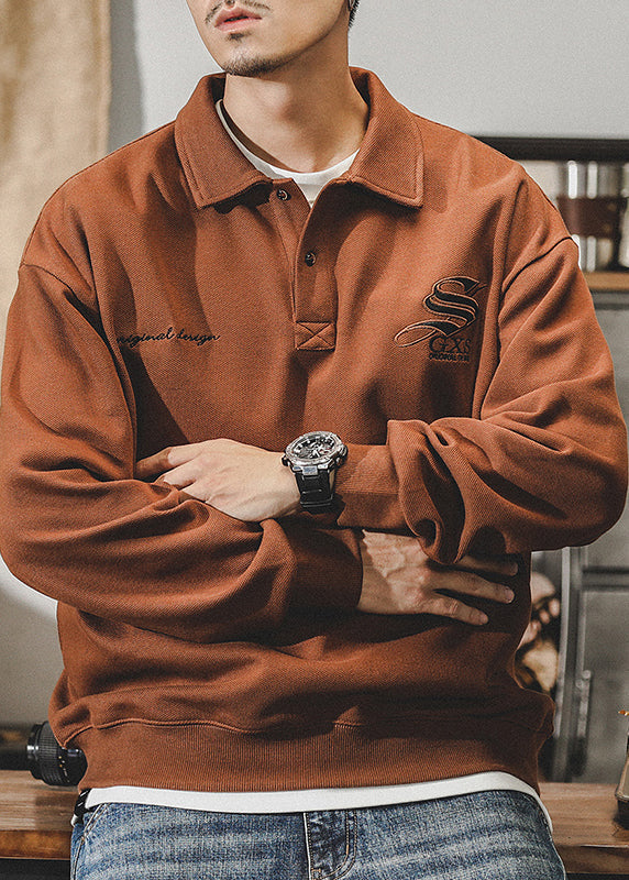 Tc029 New Coffee Polo Cotton Dark Embroideried Sweatshirt Spring Button