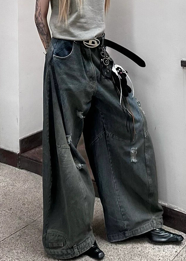 New Dark Gray Hole Pockets Denim Wide Leg Pants Summer Aw1021