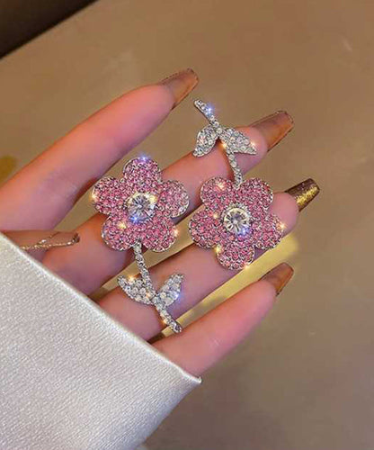 New Fashionable Pink Organza Flower Crystal Tassel Earrings Gh1068