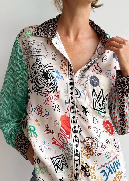 New Green Button Print Patchwork Cotton Blouses Spring Ff103