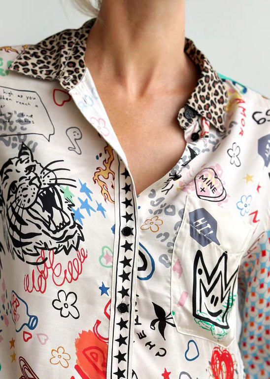 New Green Button Print Patchwork Cotton Blouses Spring Ff103