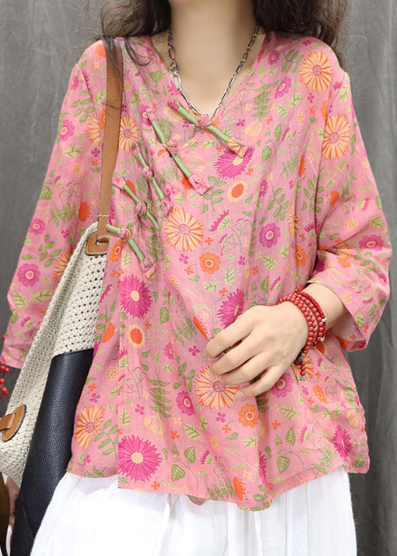 Green New Chinese Bracelet Print Button Linen Blouses Sleeve