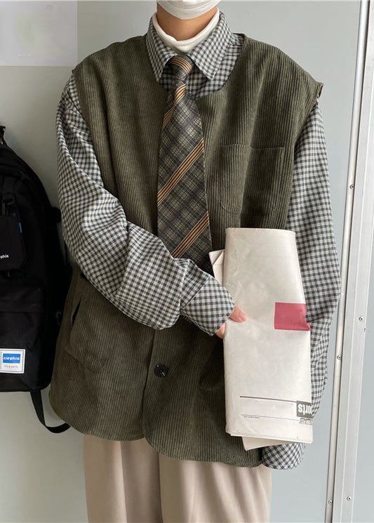 New Green O Neck Button Pockets Corduroy Waistcoat Spring Rn010