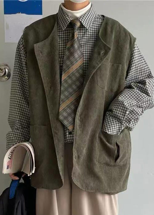New Green O Neck Button Pockets Corduroy Waistcoat Spring Rn010