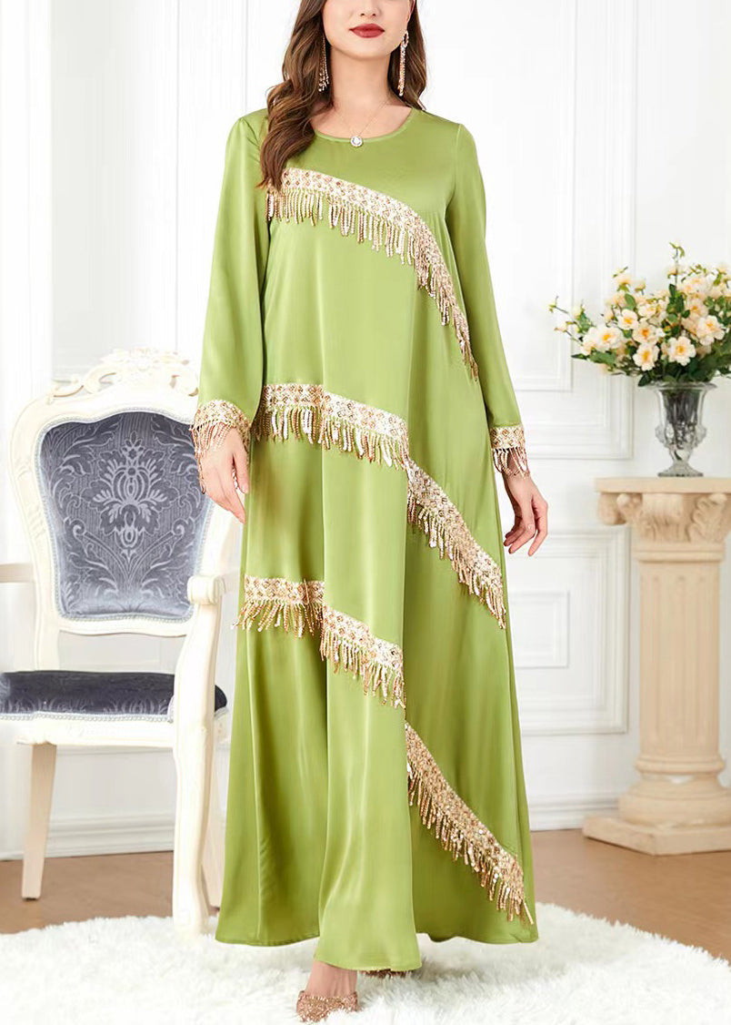 New Green O-neck Tasseled Cotton Long Dress Spring Aa1036