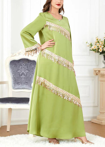 New Green O-neck Tasseled Cotton Long Dress Spring Aa1036