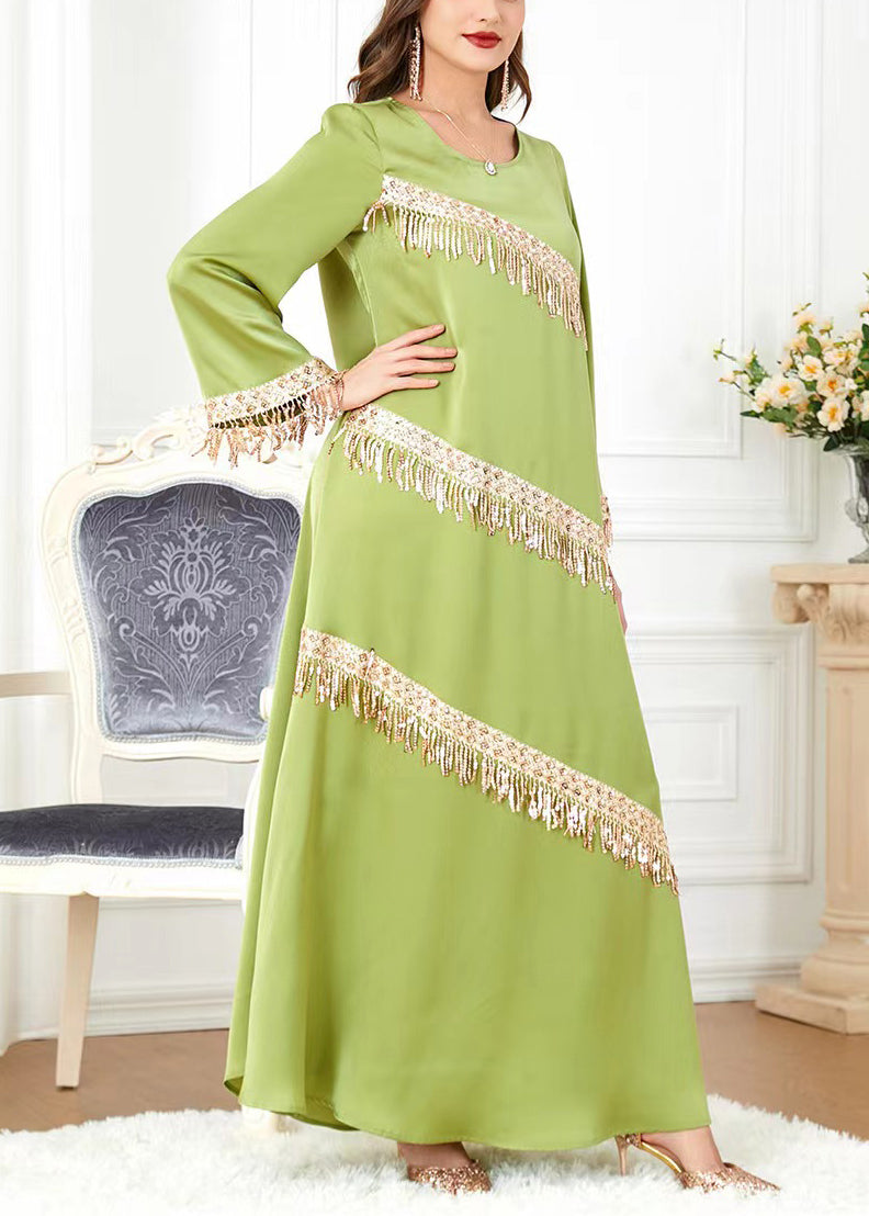 New Green O-neck Tasseled Cotton Long Dress Spring Aa1036
