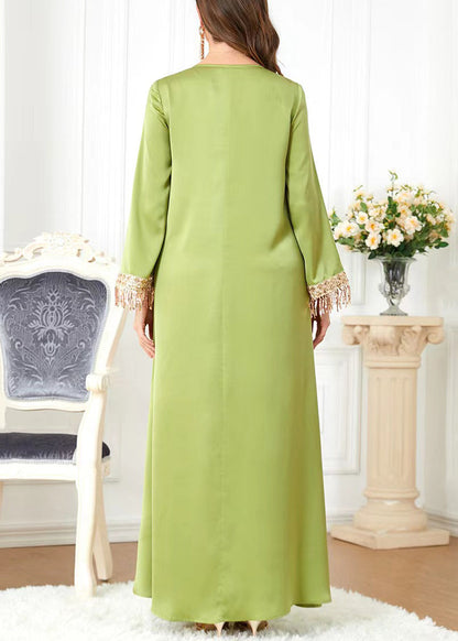 New Green O-neck Tasseled Cotton Long Dress Spring Aa1036