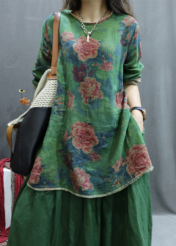 New Green Print Side Open Linen Blouse Spring Gg055