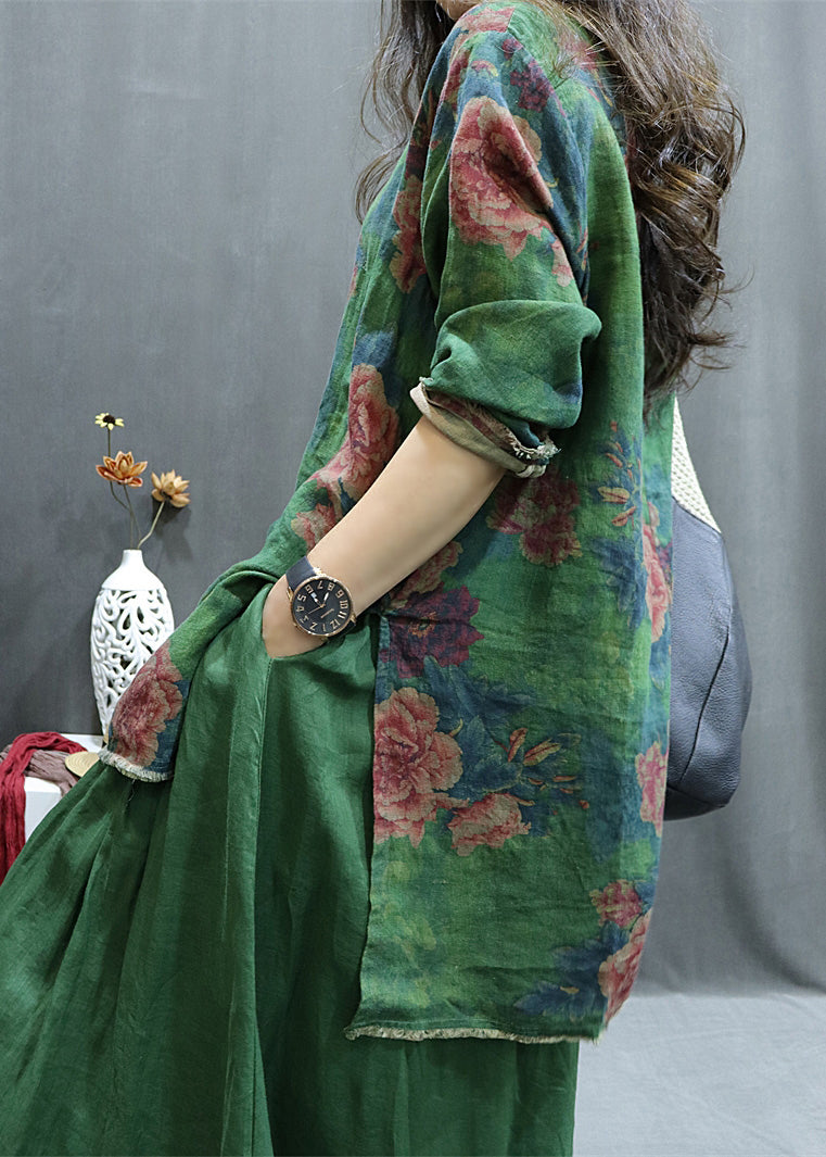 New Green Print Side Open Linen Blouse Spring Gg055