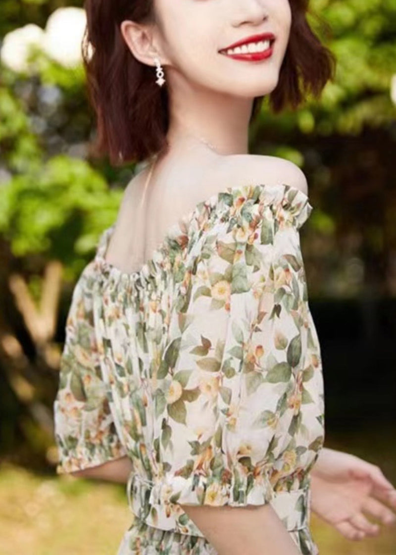 New Green Ruffled Print Cotton Maxi Dresses Summer Kj012