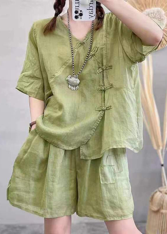 New Green V Neck Button Linen Two-piece Set Summer Re024