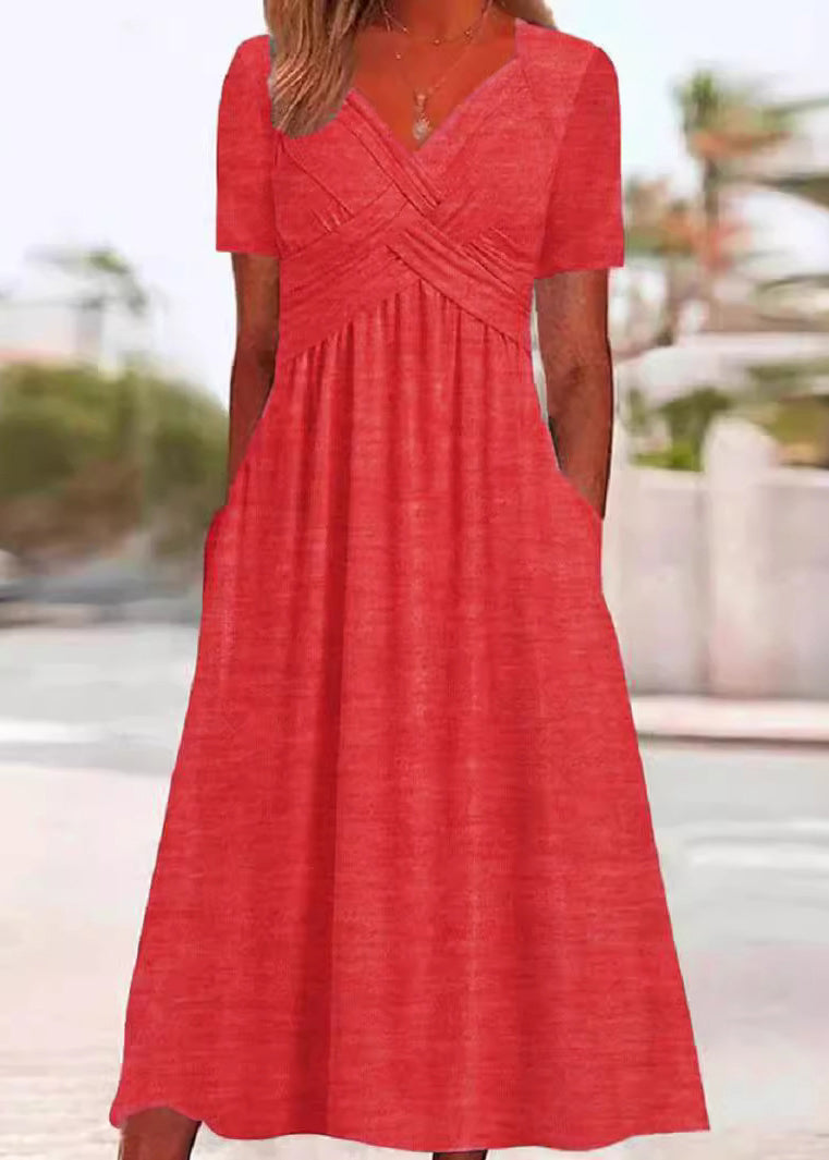 New Green V Neck Pockets Cotton Long Dress Summer Qa026