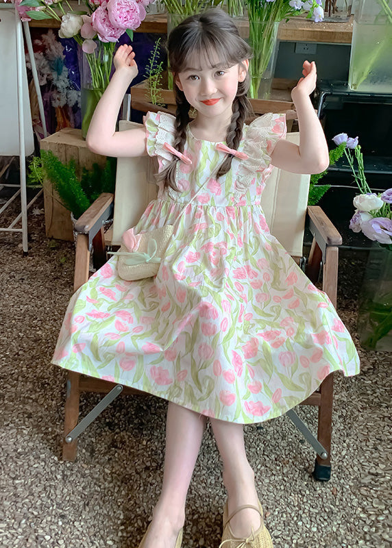 New Green Zippered Print Cotton Long Dress Summer Ew058