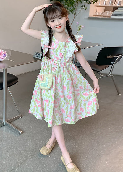 New Green Zippered Print Cotton Long Dress Summer Ew058